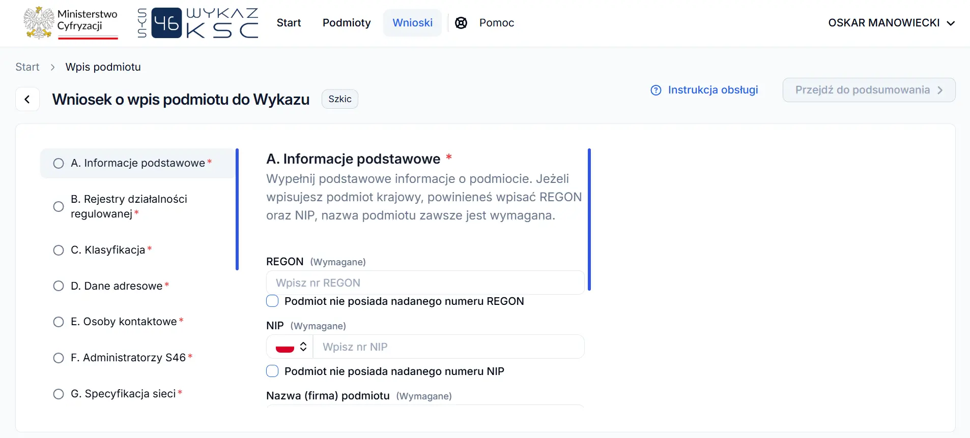 System S46 - sekcja A informacje podstawowe, REGON, NIP i nazwa podmiotu