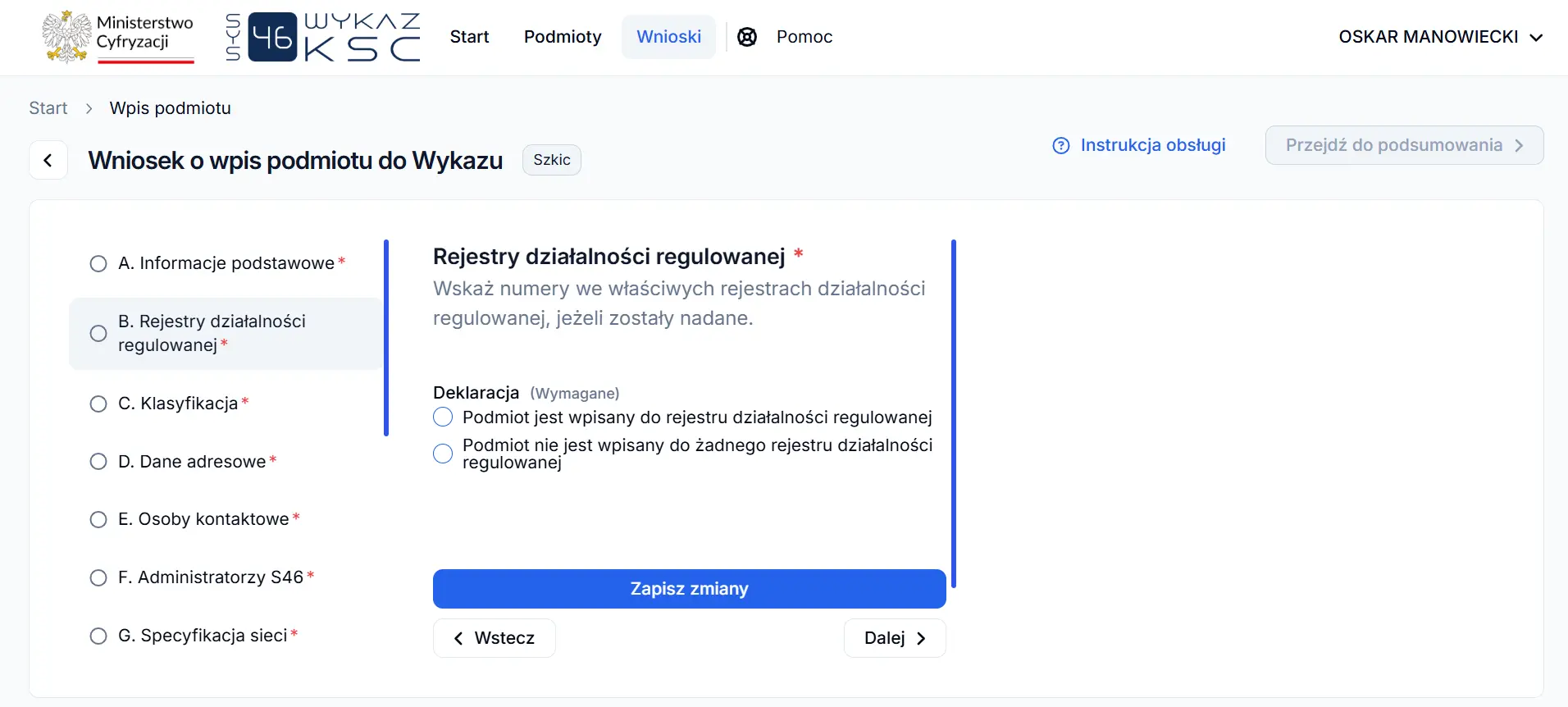 System S46 - rejestry działalności regulowanej, wybór deklaracji