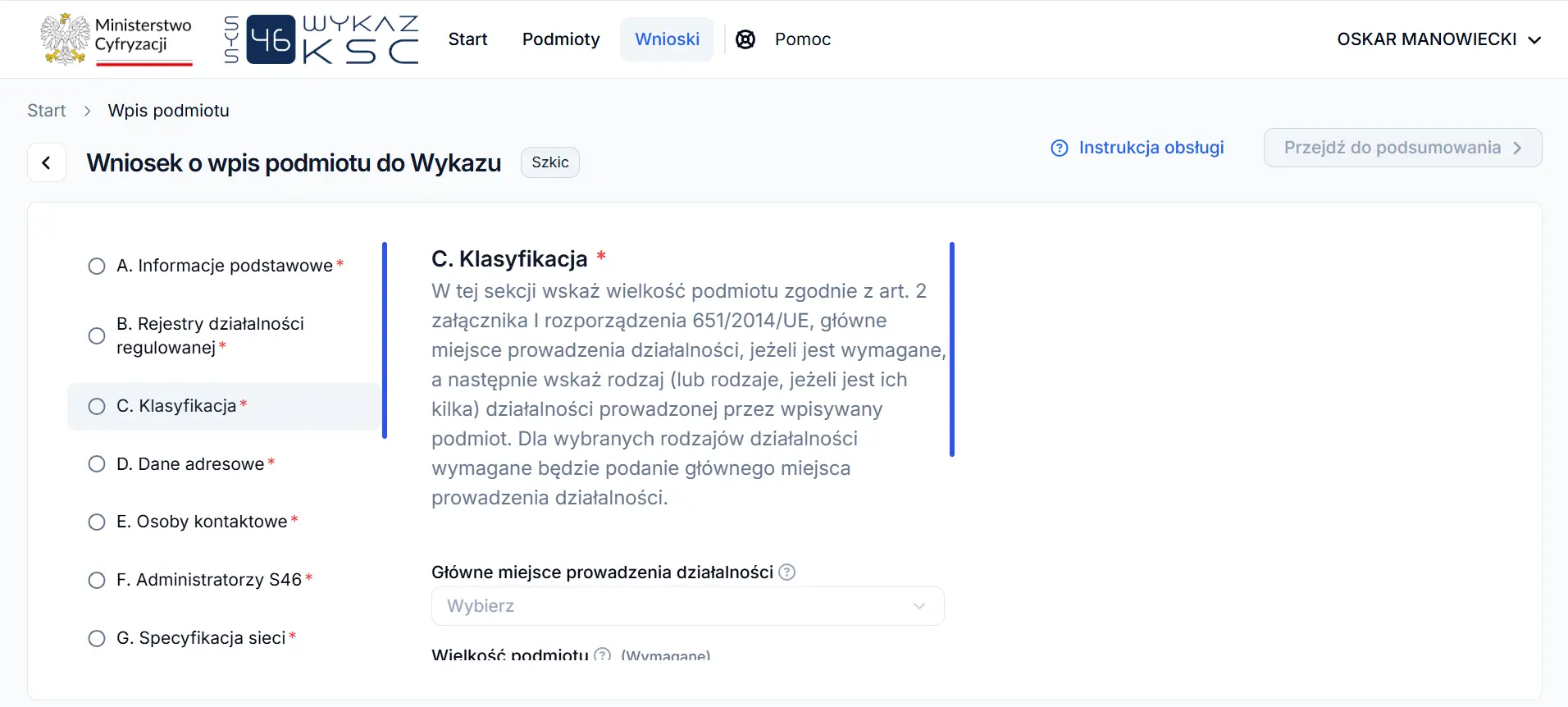 System S46 - sekcja C klasyfikacja, opis wymaganych danych
