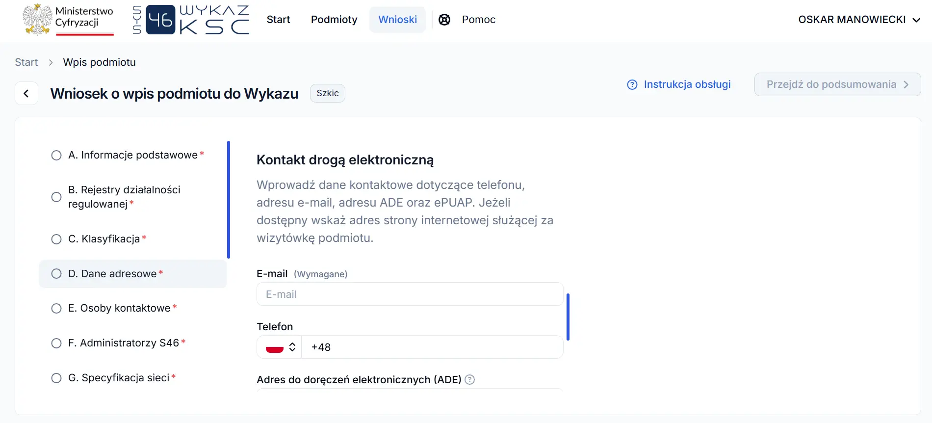 System S46 - kontakt elektroniczny, e-mail, telefon i ADE