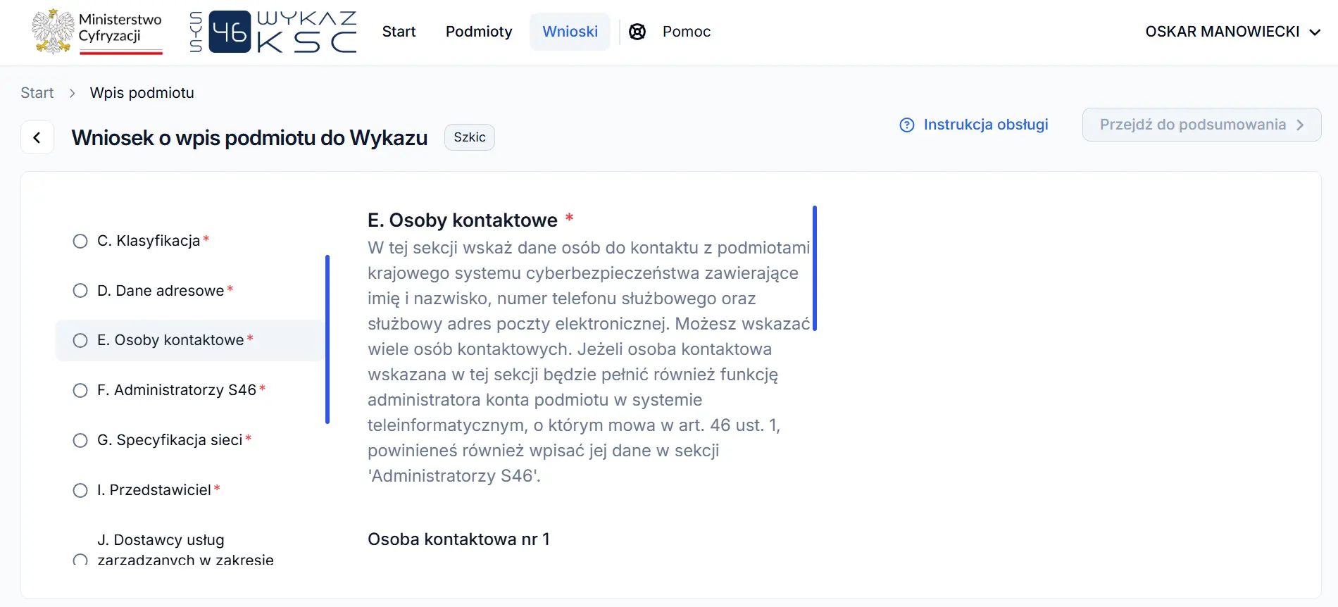 System S46 - osoby kontaktowe, opis roli i zakres danych