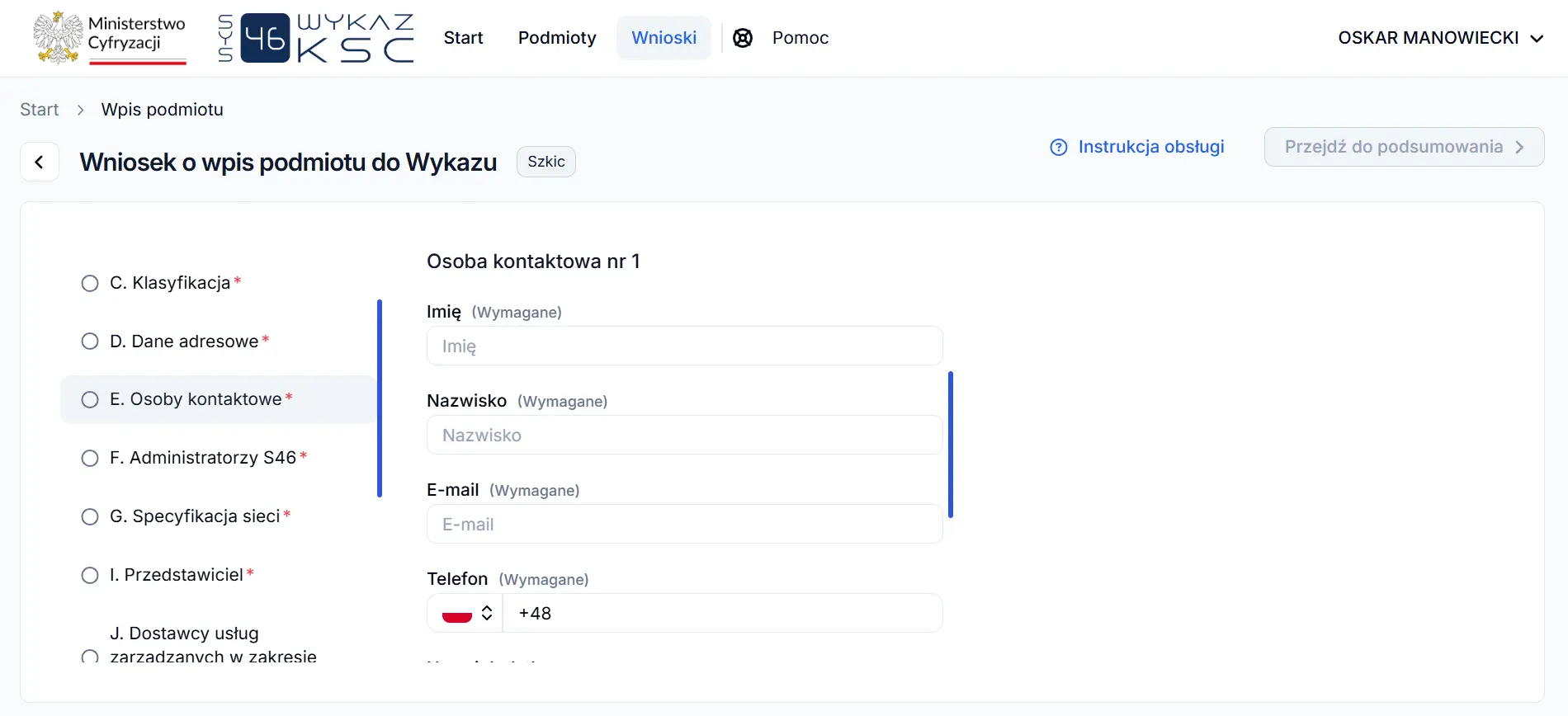 System S46 - osoba kontaktowa, imię, nazwisko, e-mail i telefon