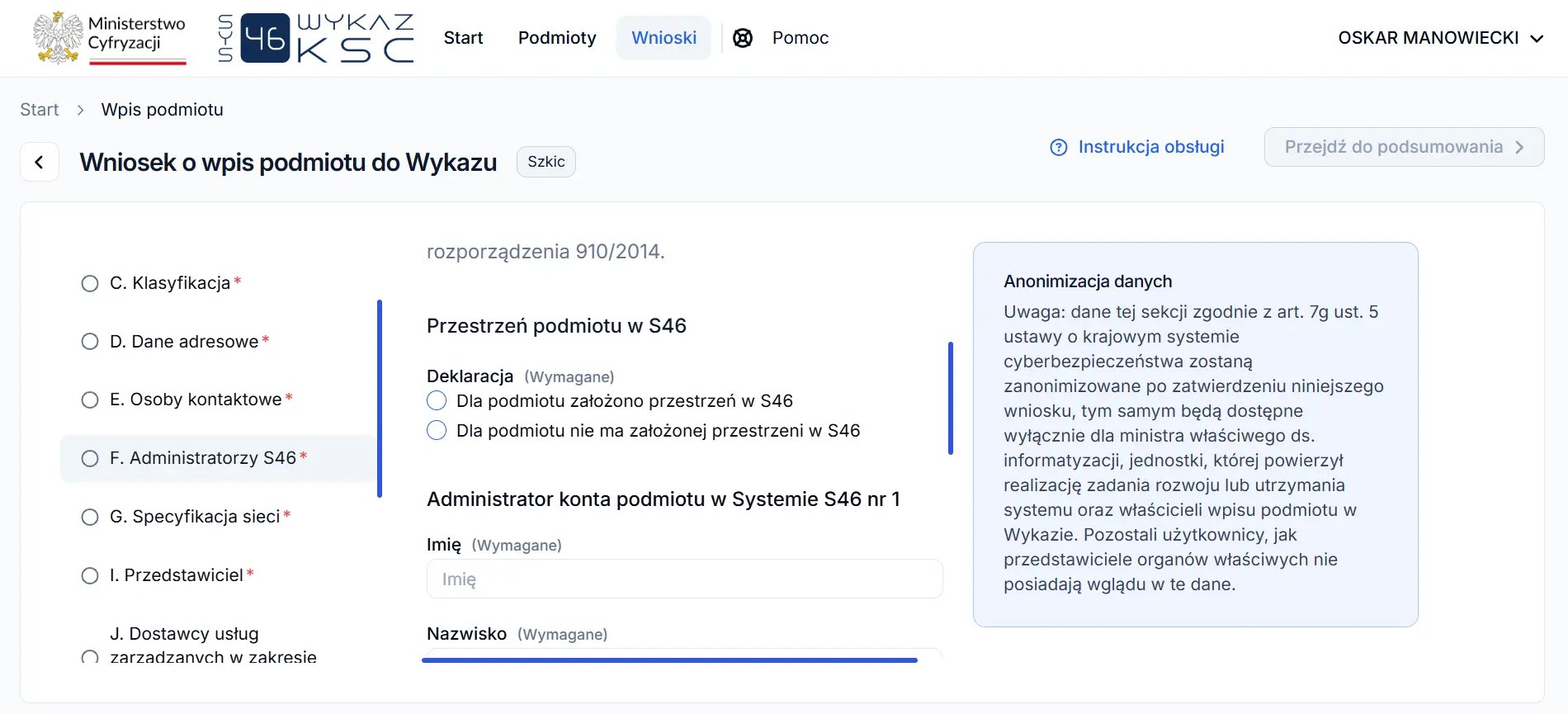System S46 - przestrzeń podmiotu i administrator konta