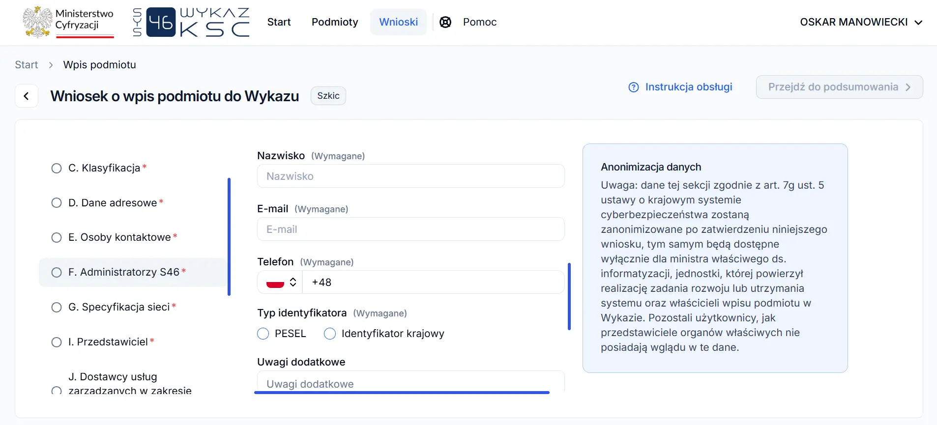 System S46 - dane administratora, telefon, PESEL albo identyfikator krajowy