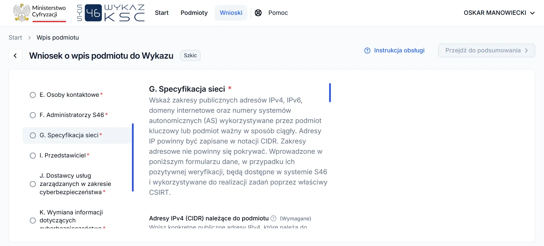 System S46 - specyfikacja sieci, zakres adresów IP, domen i ASN