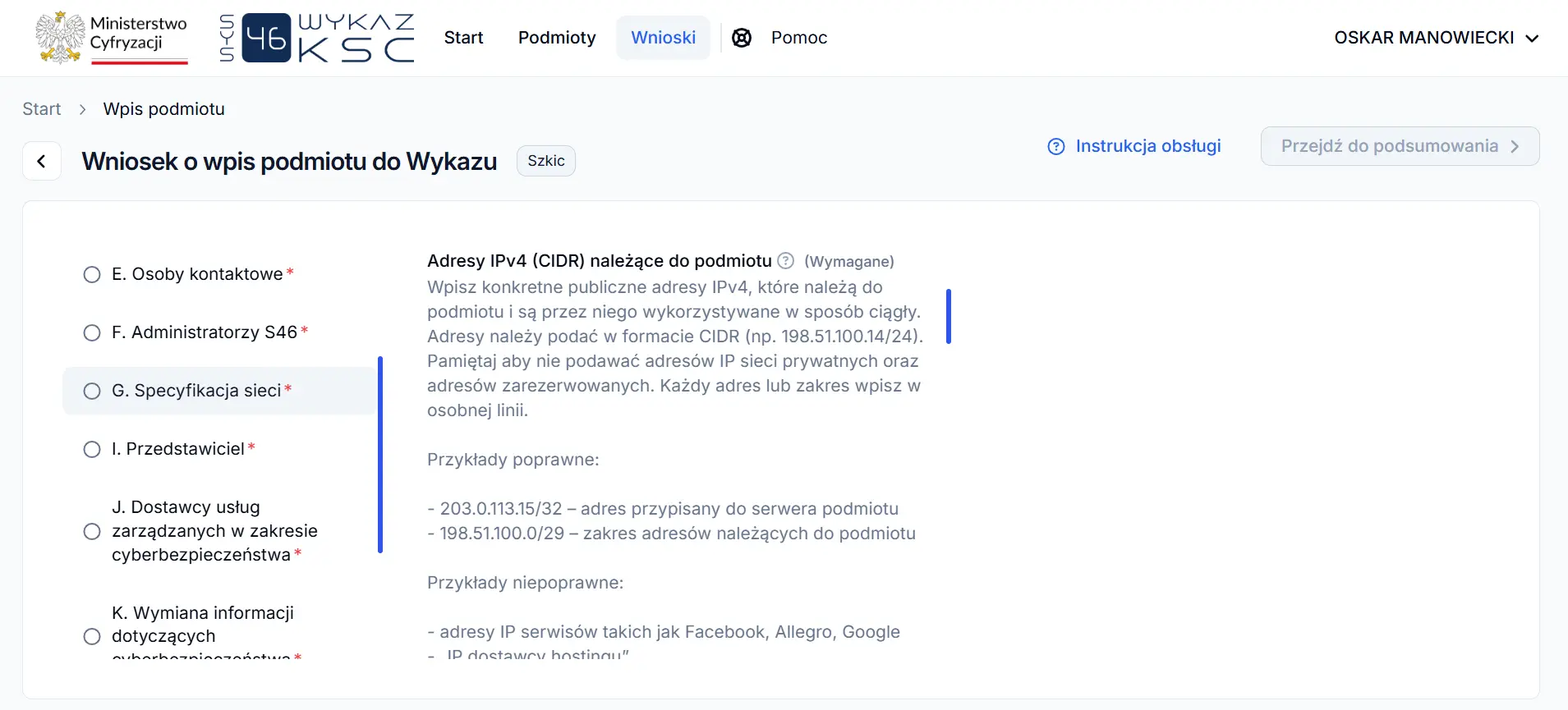 System S46 - adresy IPv4 CIDR należące do podmiotu