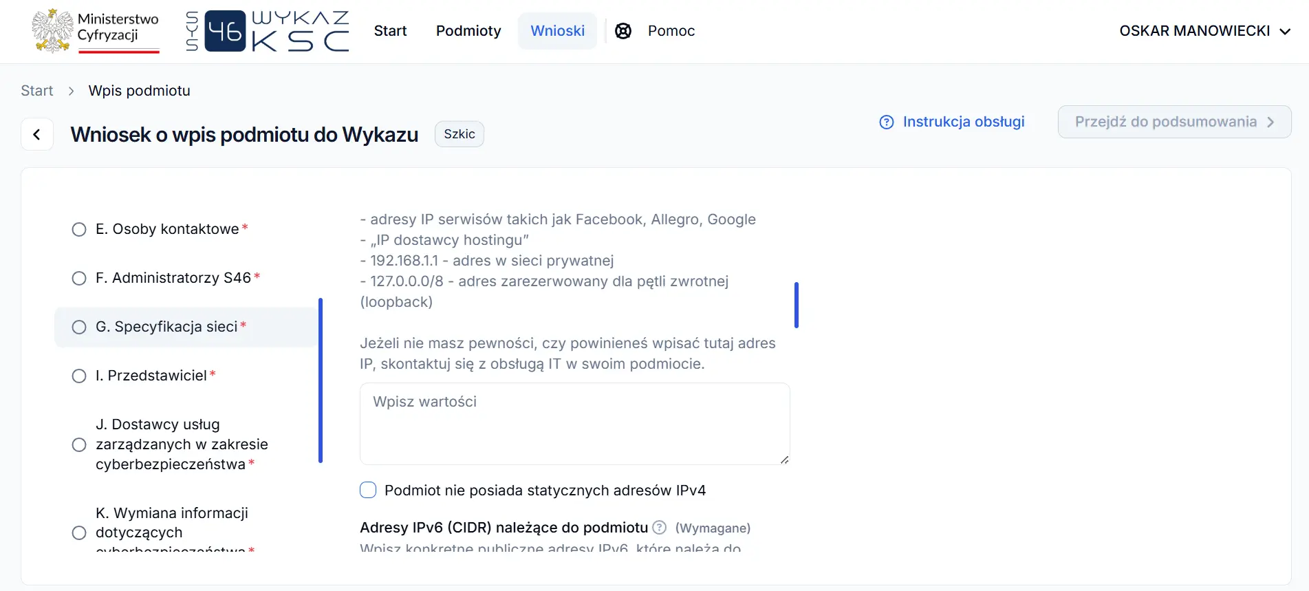System S46 - pole adresów IPv4 i checkbox braku statycznych adresów IPv4