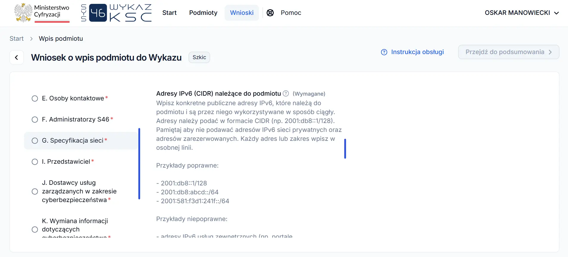System S46 - adresy IPv6 CIDR należące do podmiotu