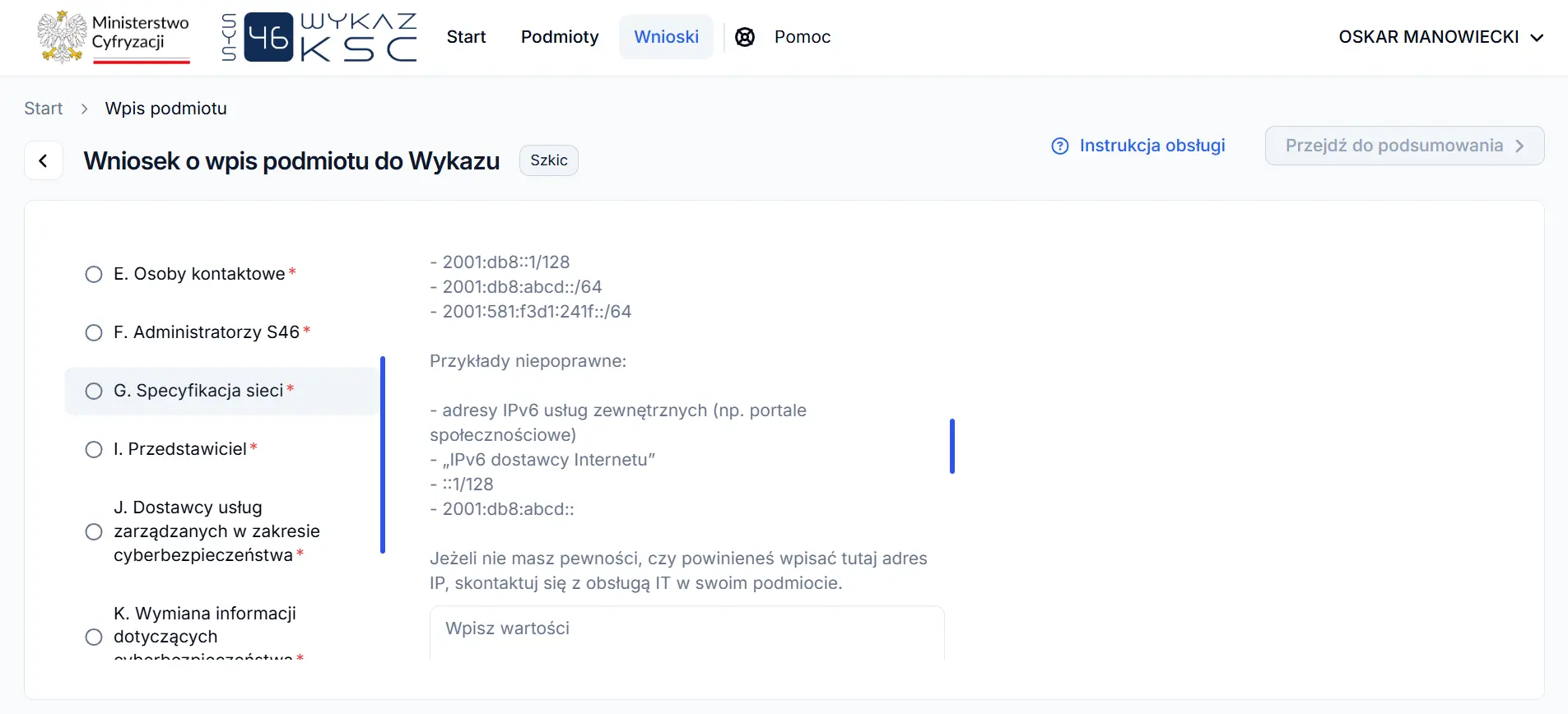 System S46 - przykłady niepoprawnych danych IPv6