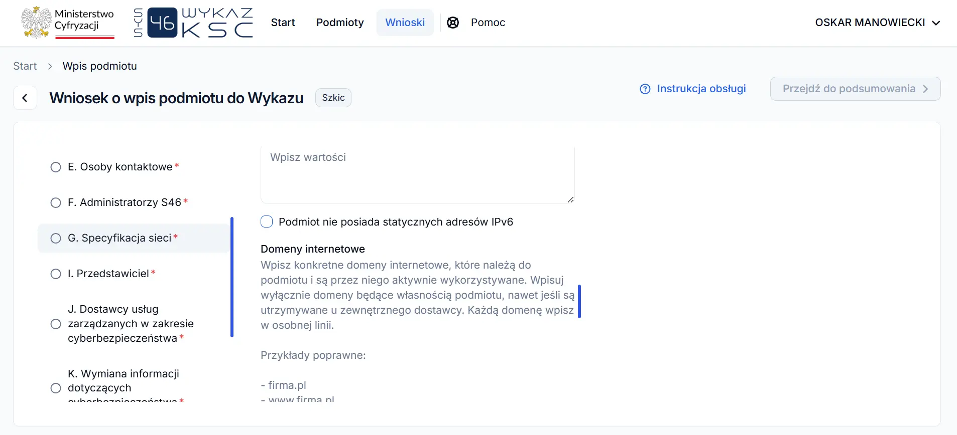System S46 - domeny internetowe należące do podmiotu