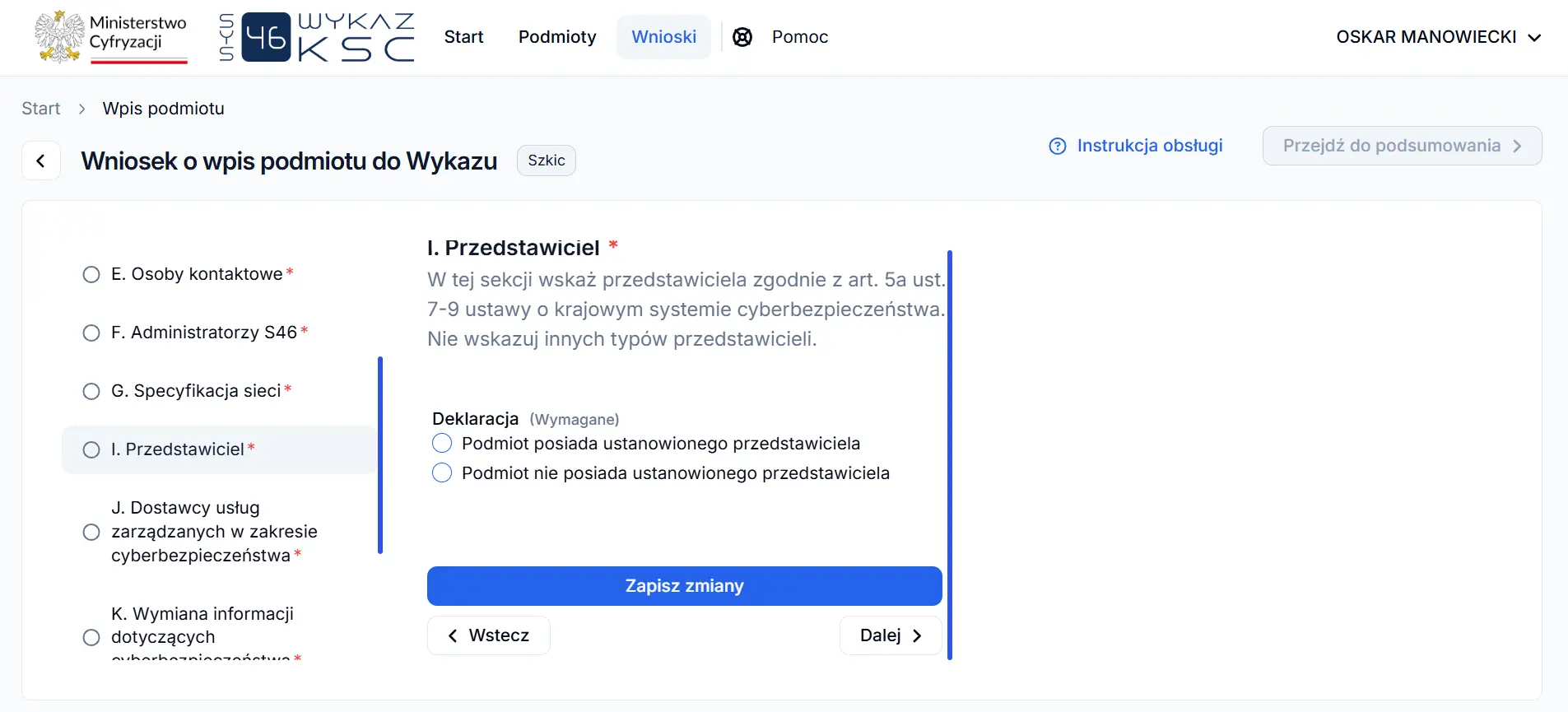 System S46 - sekcja I przedstawiciel i wybór deklaracji