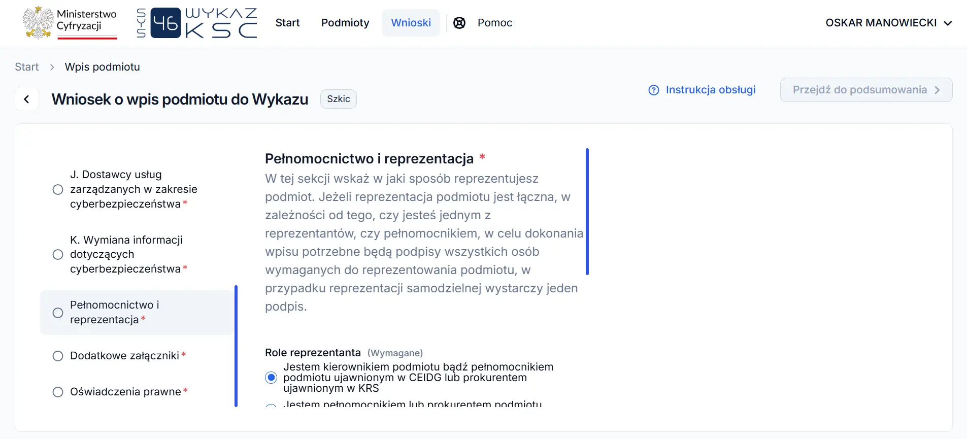 System S46 - pełnomocnictwo i reprezentacja, rola reprezentanta