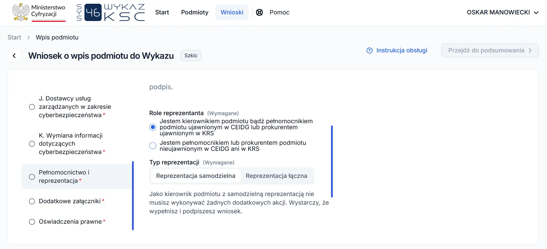 System S46 - typ reprezentacji, reprezentacja samodzielna albo łączna