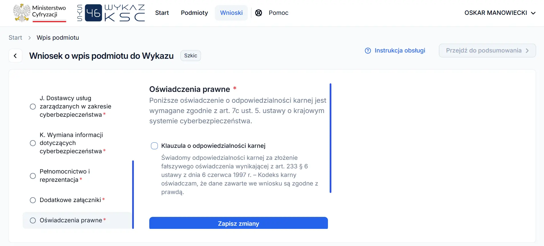 System S46 - oświadczenia prawne i klauzula o odpowiedzialności karnej